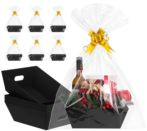 Black Gift Basket Set with Bows & Bags - 10 Pack, 12x10 Inches, Kraft Paper