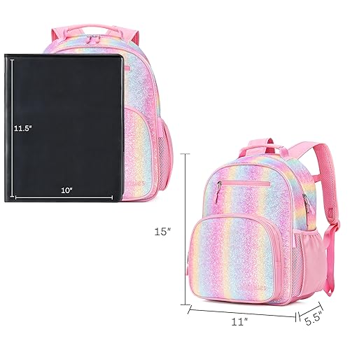 Mibasies Glitter Rainbow Kids Backpack for Elementary Girls 15" - Large Capacity, Water-Resistant, Insulated Front Pocket