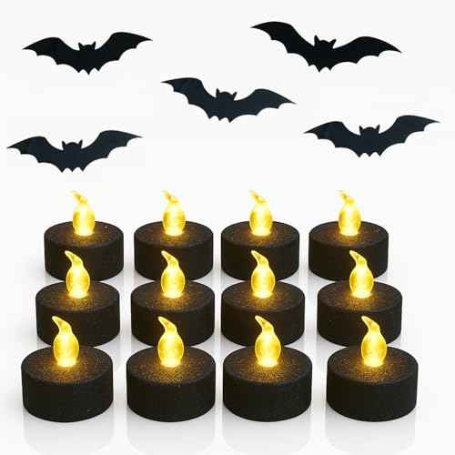 12PCS Black Tea Lights with Timer,Glitter Sparkly Tealights Candles Battery Operated for Holiday,Event,Halloween Decorations