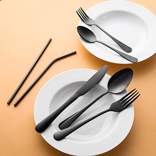 Gutuwellea Black 84-Piece Stainless Steel Flatware Set for 12 with Straws - Dishwasher Safe