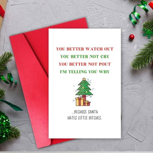 Funny Christmas Card for Female Friend - Rude Bestie Santa Hates Little Bitches