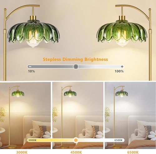 ILLMTW Gold Floor Lamp - 2 Variation Mid Century Modern Dimmable Arc Lamp with Remote & Green Glass Shade