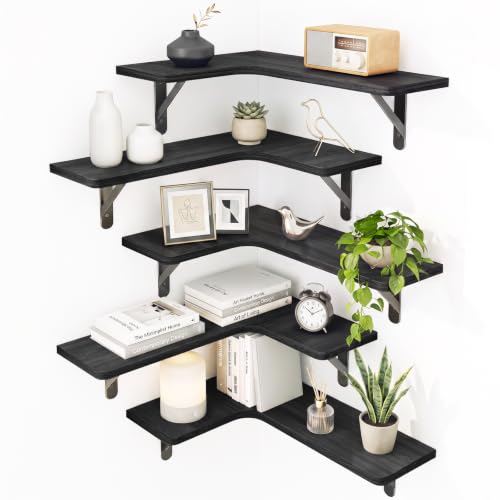 Fixwal Conner Wall Shelves Set of 5 - Rustic Black Corner Storage