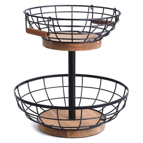 2-Tier Metal Fruit Basket with Wooden Base and Banana Hanger - Kitchen Counter Organizer