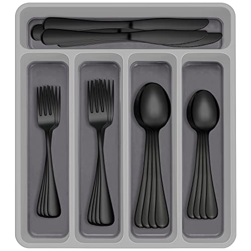 Black Flatware Set for 12 with Organizer - 60-Piece Stainless Steel Cutlery