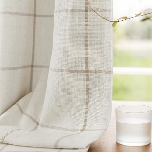 Taupe Blackout Linen Curtains 52x84 Inches, Pack of 2, Rustic Plaid Design