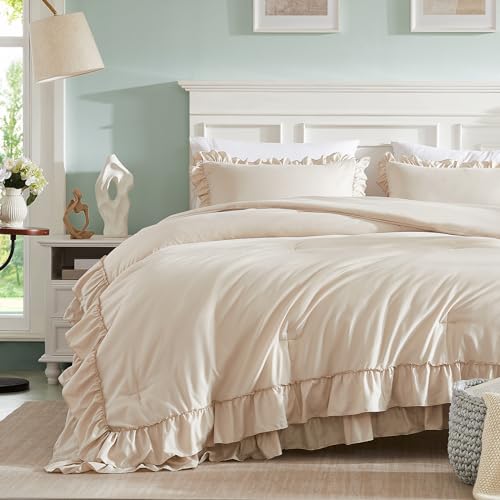 Beige Queen Comforter Set with Ruffle Farmhouse Bedding - 3 Pieces