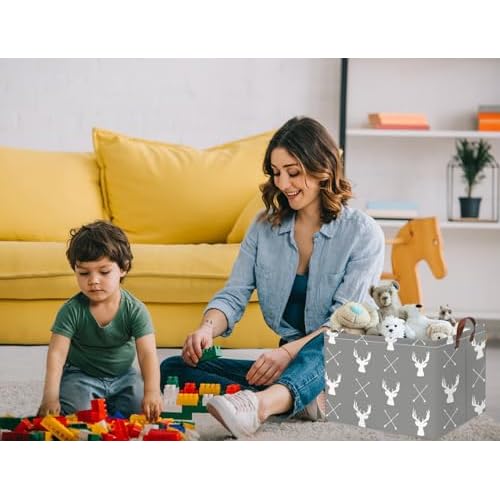 HIYAGON Baby Basket Cute Toy Bin for Boys and Girls Kids Storage Bin Organizer Box Gift Basket Empty Rectangular Deer Room Decor for Home(Grey deers)