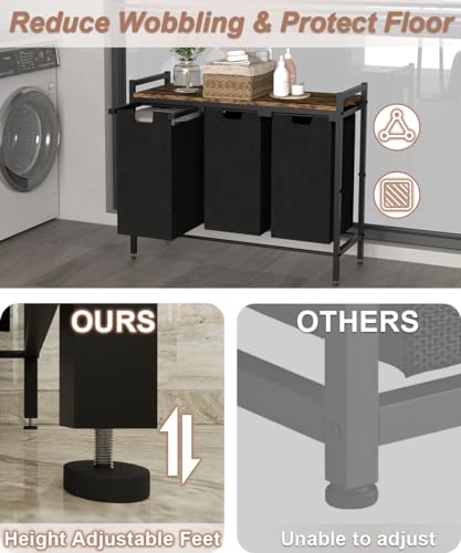 3 Section Laundry Hamper with Pull-Out Bins - Rustic Brown & Black, No Wheels
