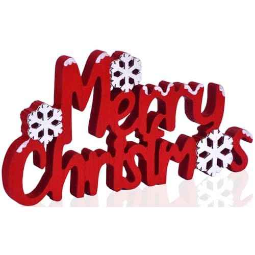 Merry Christmas Sign Wooden Tabletop Decoration, Freestanding Christmas Shelf Decor with 3D Snowflake, Red and White Xmas Decorations for Home, Mantle, Tiered Tray (Red)