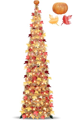 6FT Fall Tinsel Maples Tree with Lights - Battery Operated Fall Decor