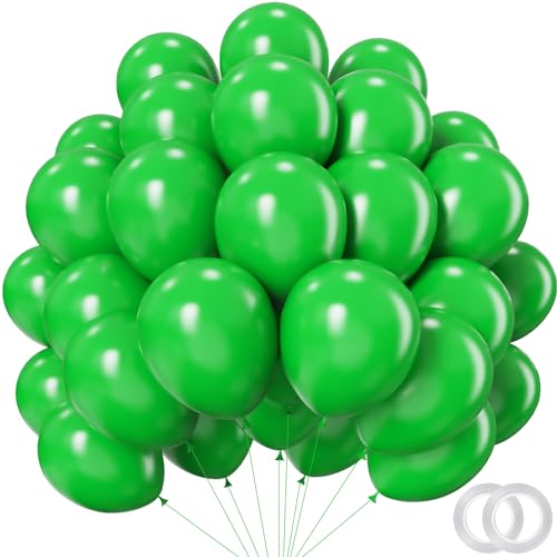 Green Balloons - 12 inch 100pcs Latex - Round Green Birthday Balloons with 2 Ribbons for Birthday, Dinosaur, Jungle, Christmas, Baby Shower Party Decorations
