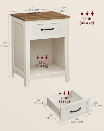 VASAGLE Farmhouse Nightstand with Charging Station - Rustic White + Honey Brown | 1 Drawer