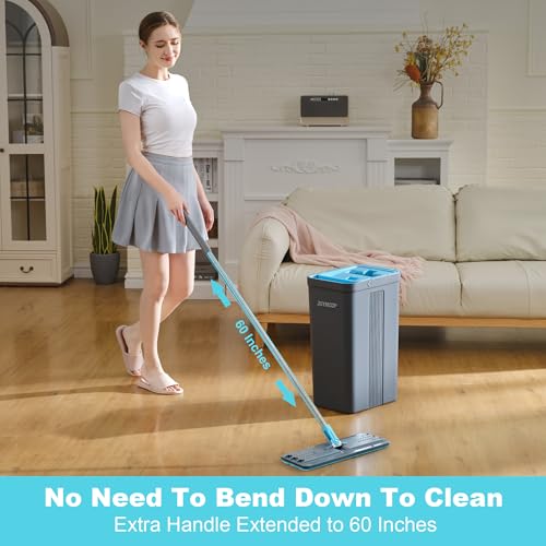JOYMOOP Mop and Bucket Set with 60-Inch Extensible Handle and 4 Microfiber Pads - Grey & Cyan Blue