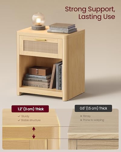 VASAGLE Boho Nightstands Set of 2 - Oak Beige Rattan Look, 15"D x 18.9"W x 23.6"H