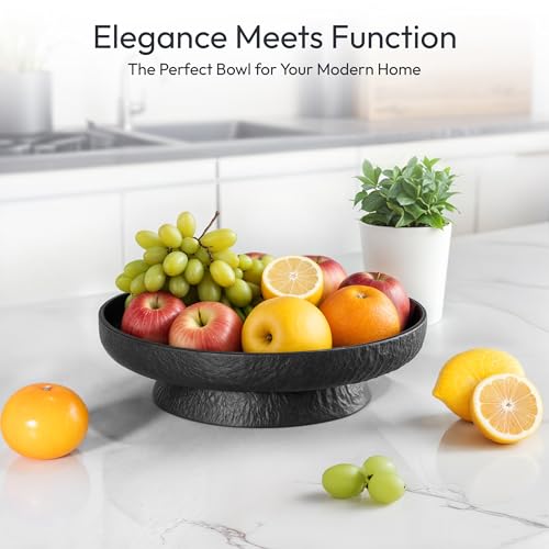 Black Granite Inspired Matte Black Fruit Bowl - 11 Inch Pedestal Centerpiece