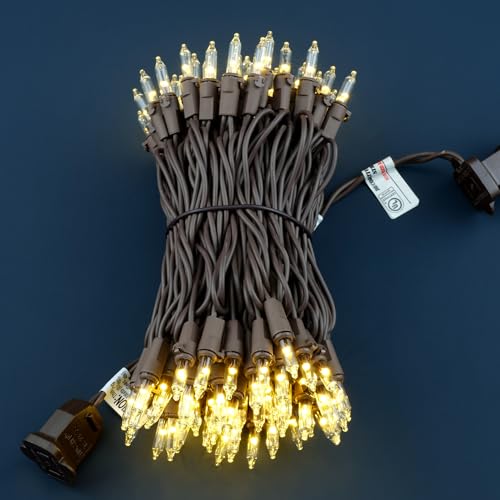 YULETIME 100 Warm White Christmas Lights on Brown Wire - 33 ft UL Listed