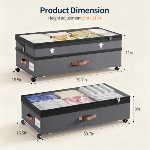 Yecaye 90L Under Bed Storage with Wheels - Grey 2 Pack, Adjustable Height