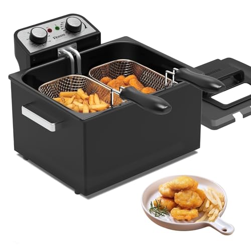 Vexon 1800W Large Electric Deep Fryer with 3 Baskets, View Window, Adjustable Temp, Black