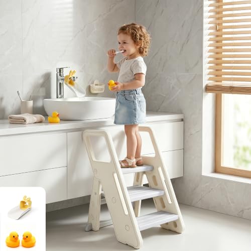 Foldable Toddler Step Stool with Handles - Adjustable 3-in-1 Kids Stool for Bathroom Kitchen and Bedroom