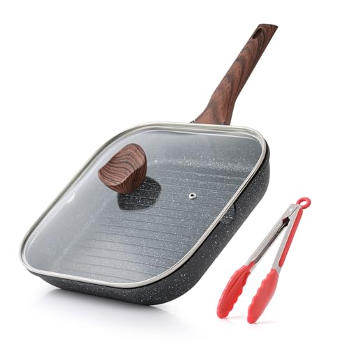 11-Inch Nonstick Grilling Pan with Lid - Black, Square Indoor Grill for Stove Tops
