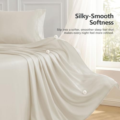 QUTOOL Bamboo Viscose King Bed Sheets Set Ivory 4PC Cooling Luxury Bedding