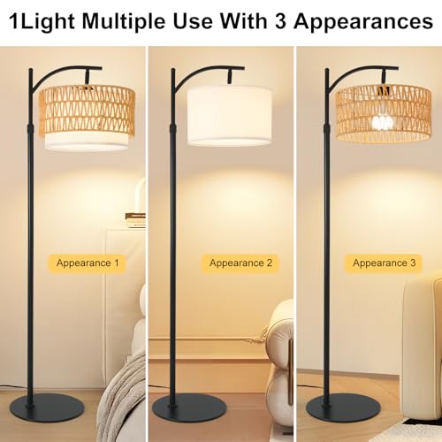 Country Black Rustic Farmhouse Floor Lamp with Woven Rattan Shade - 12W LED Dimmable Tall Standing Light for Living Room - DRAWNCAT
