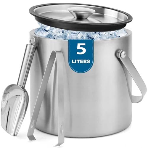 Berverra 5L Stainless Steel Insulated Ice Bucket with Lid, Scoop & Tongs for Parties & Outdoor Use