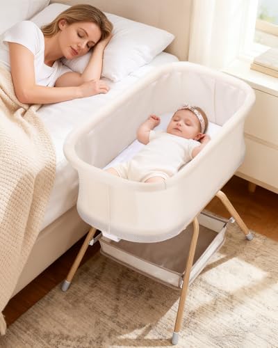 3-in-1 Baby Bassinet Bedside Sleeper with Mesh, Soft Mattress & Storage Basket - Beige