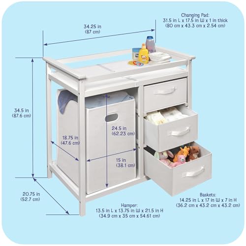 Badger Basket White Baby Changing Table with Laundry Hamper & Storage - Modern Nursery Furniture
