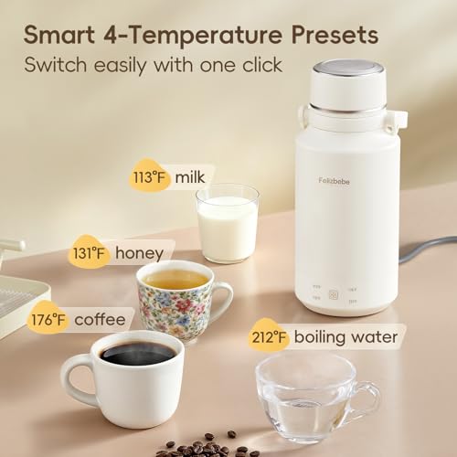 Felizbebe White Portable Electric Kettle 33.8oz with 4 Temp Settings & Fast Boiling