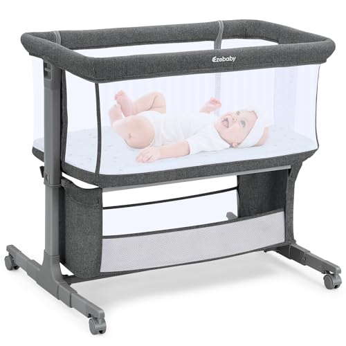 Ezebaby Deep Gray Bedside Baby Bassinet with Adjustable Height & Wheels