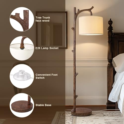 OYEARS Tree Wood-Grain Farmhouse Floor Lamp with Remote - Rustic Standing Lamp for Living Room