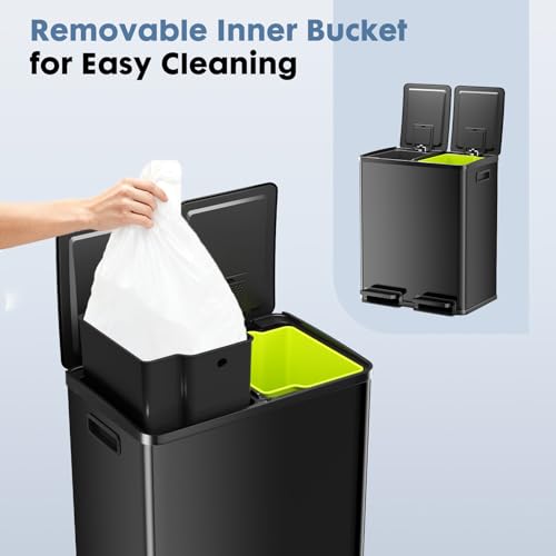 Dual Compartment Stainless Steel Trash Can - 2x30L with Lid, Black - Foot Pedal Bin with Removable Buckets