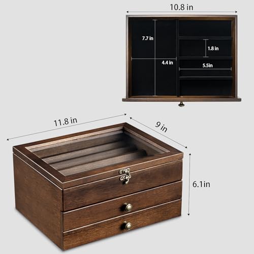3 Tier Walnut Knife Display Case with Glass Lid and Drawers - Wooden Collection Holder