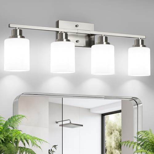 Brushed Nickel 4-Light Vanity Fixture Over Mirror with Frosted Glass Shades - Wall Sconce for Bathroom & Living Room - Variation of Brushed Nickel / 4-Light