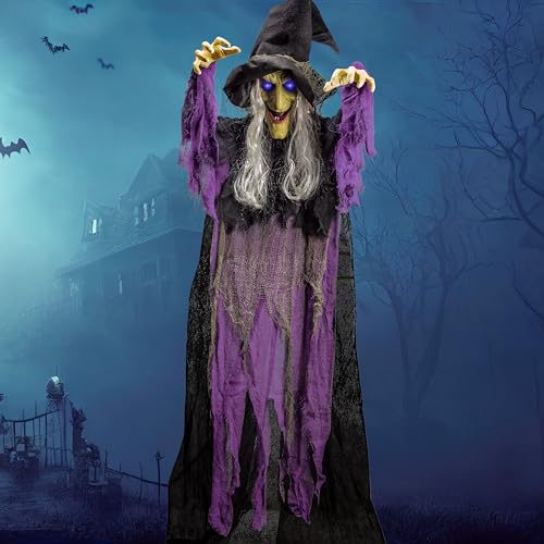 Wicked Halloween Hanging Witch Decoration - Light-Up Talking Ghost with Sound Activation, 72 Inches Purple Outdoor & Indoor Haunted House Prop