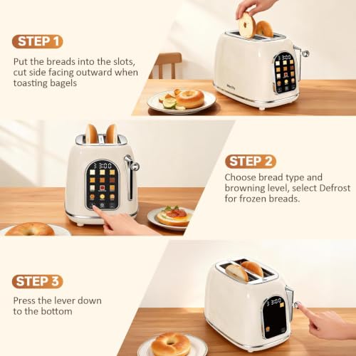 Mecity Cream 2-Slice Retro Touch Screen Toaster with Wide Slots & Multiple Settings