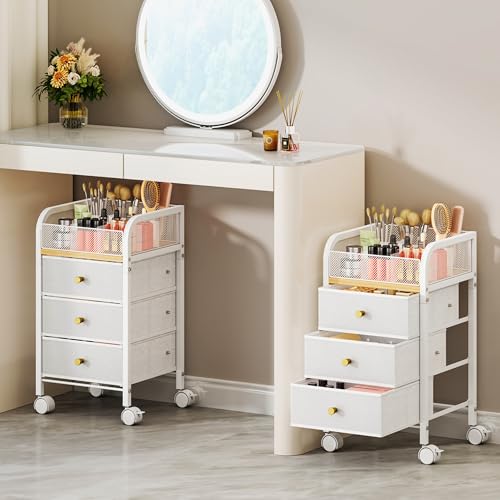 SWTYMIKI White 4-Tier Rolling Makeup Organizer Cart with 3 Large Drawers