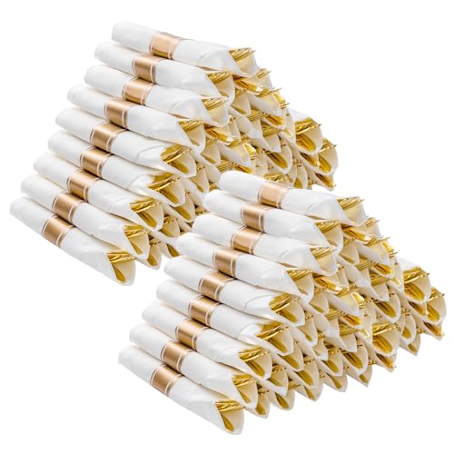 Gold Disposable Cutlery Set - 100 Pack Flatware with Napkins for Parties