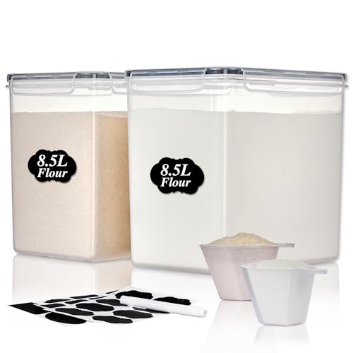 Vtopmart Food Storage Containers 2.5L / 84.5oz, 4 Pieces BPA Free Plastic Airtight Canister for Flour, Sugar, Baking Supplies, with 4 Measuring Cups and 24 Labels, Black