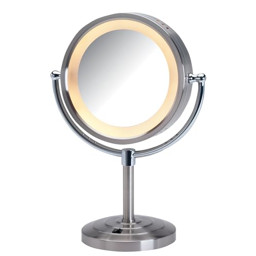 Lighted Makeup Mirror with 5X Magnification and Built-In Outlet - Nickel Finish
