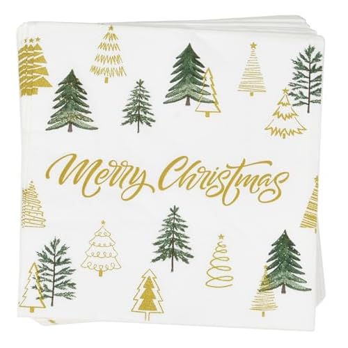 Gift Boutique - 100 Merry Christmas Tree Cocktail Beverage Napkins Disposable Paper Decorative Elegant Xmas Green & Gold Trees Dessert, Napkin for Winter Holiday, Party Supplies Tableware Decoration