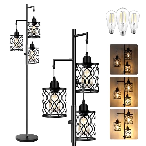 Dimmable Farmhouse Floor Lamp with 3 LED Bulbs - Rustic Industrial Standing Light, Black, 68 Inches