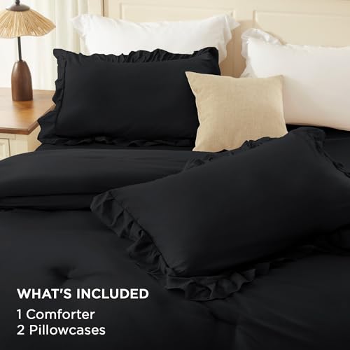 Andency Black King Ruffle Comforter Set - 3 Piece Solid Bedding with Pillowcases