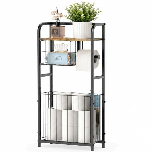 Black Freestanding Toilet Paper Holder Stand with Storage Shelf for Small Bathrooms