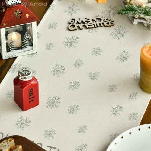 Artoid Mode Beige Pine Tree Snowflake Merry Christmas Table Runner, Seasonal Winter Xmas Holiday Kitchen Dining Table Decoration for Home Party Decor 13 x 72 Inch