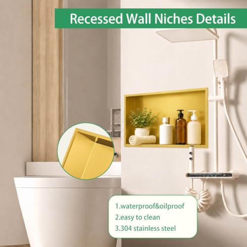 Stainless Steel Shower Niche Insert 24x12 Brushed Gold - Waterproof, No Tile Needed