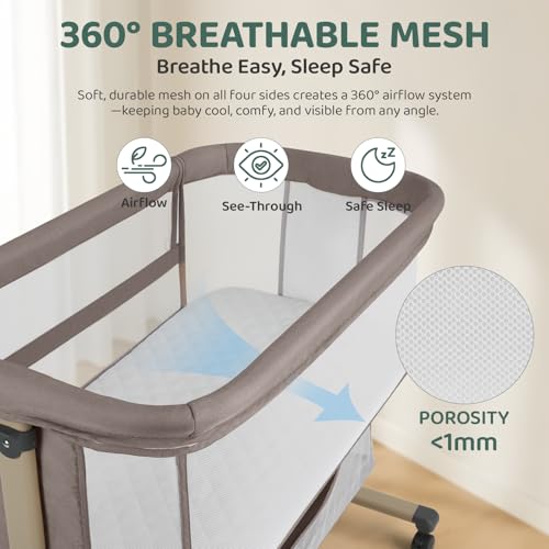 Cowiewie Khaki Bedside Bassinet Bedside Sleeper, Breathable & Adjustable