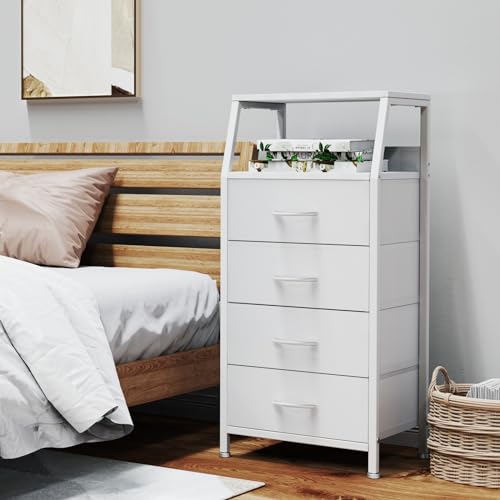 White Fabric Dresser with 4 Drawers - Tall Bedroom Storage Nightstand, 11.5 x 16.1 x 33.3 Inches